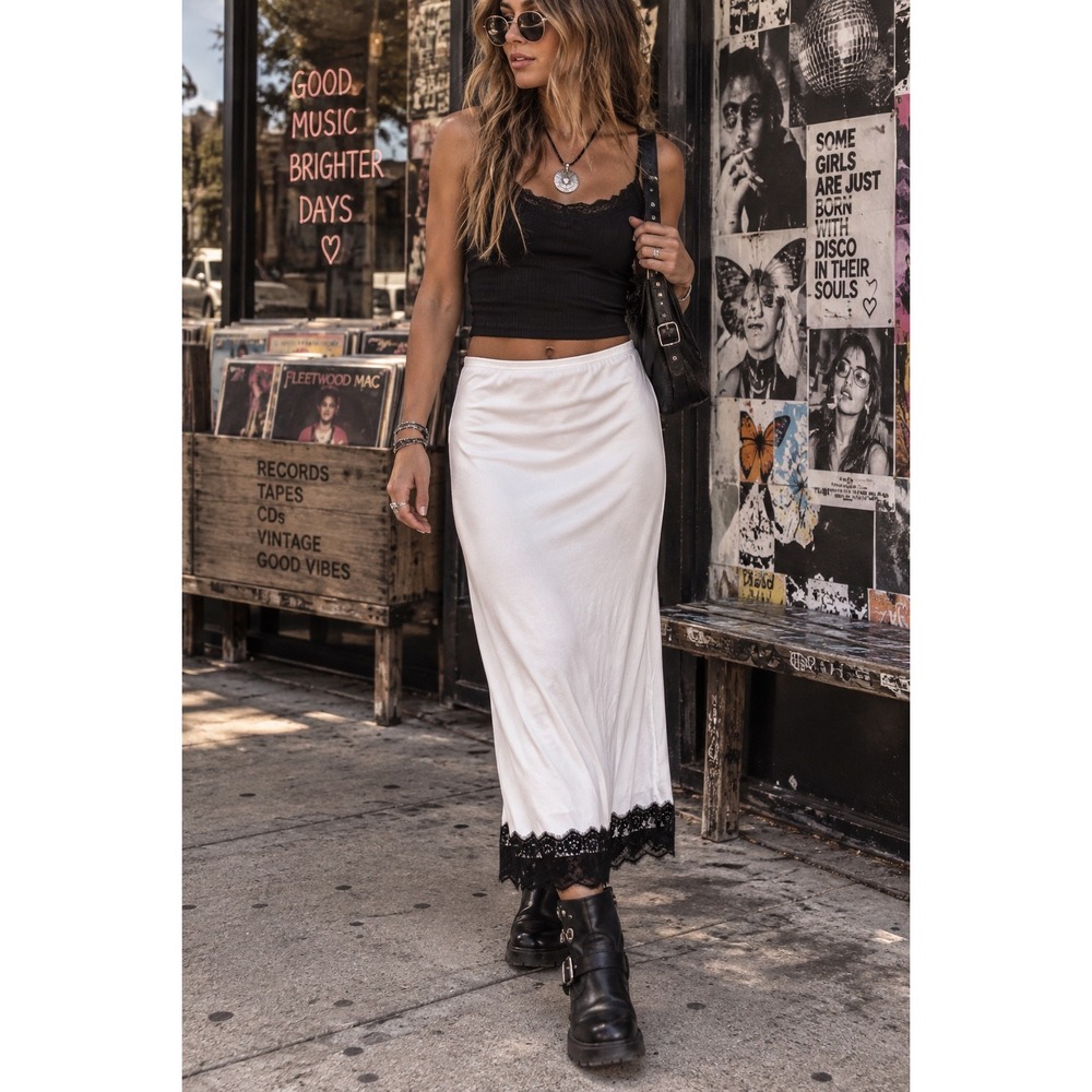 NWT White Satin Slip Maxi Skirt Black Lace Hem Y2K 90s‎ Indie Sleaze S A New Day